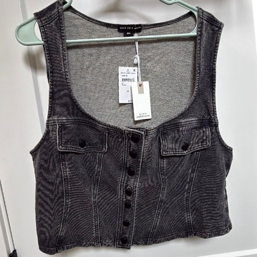 Good American Black Denim Corset Vest 2XL NWT Button Front $129‎ Retail